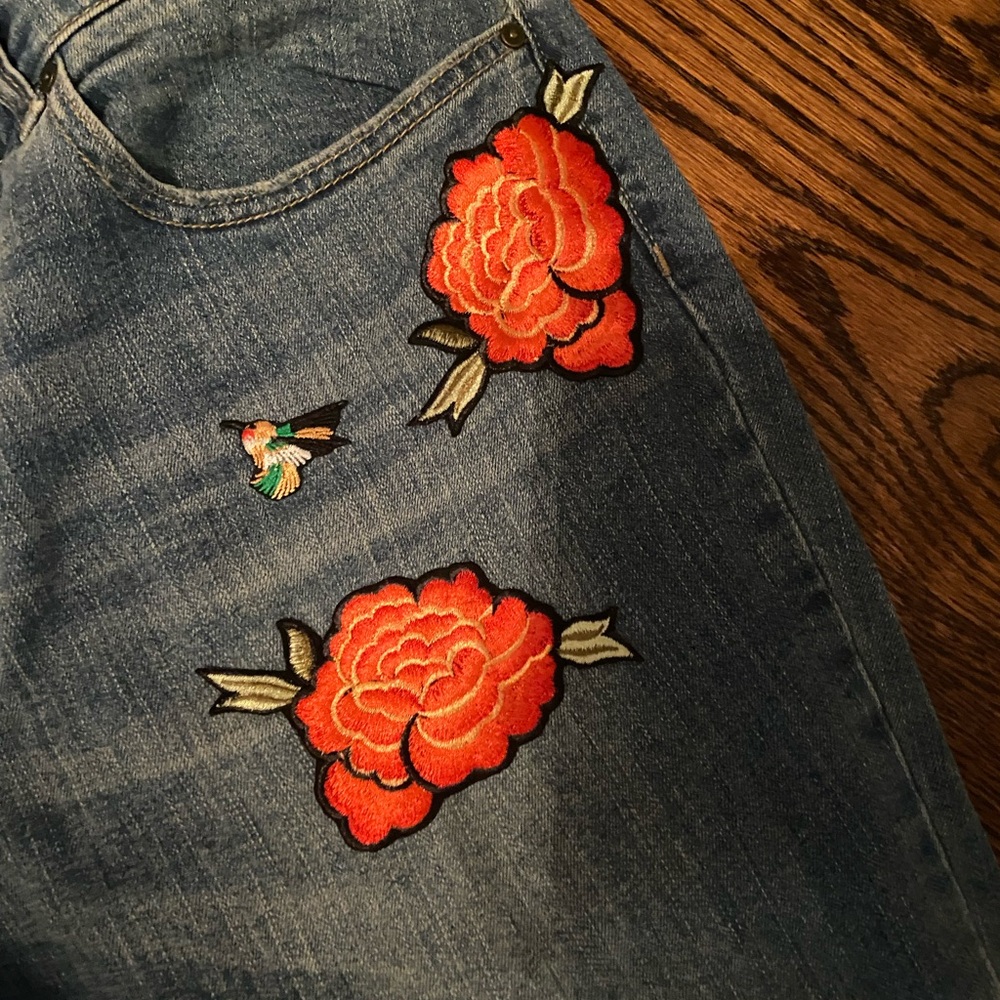 Who What Wear Blue Jeans with Red Floral Embroidery - Picture 2 of 4